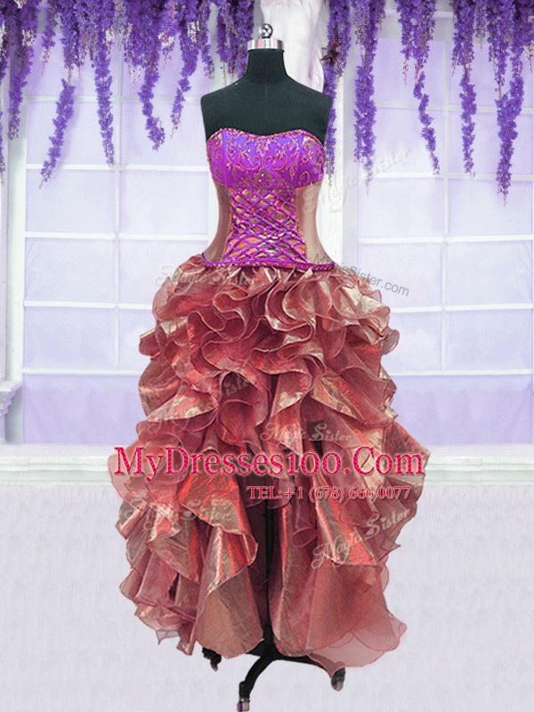 Four Piece Sleeveless Organza Floor Length Lace Up Sweet 16 Dresses in Lilac with Appliques and Embroidery