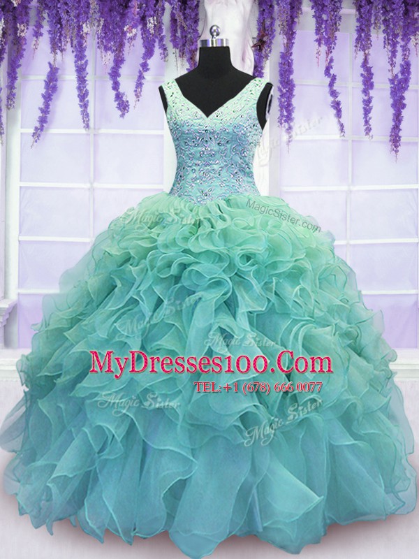 Sleeveless Organza Floor Length Lace Up Quinceanera Gown in Blue with Beading and Embroidery and Ruffles