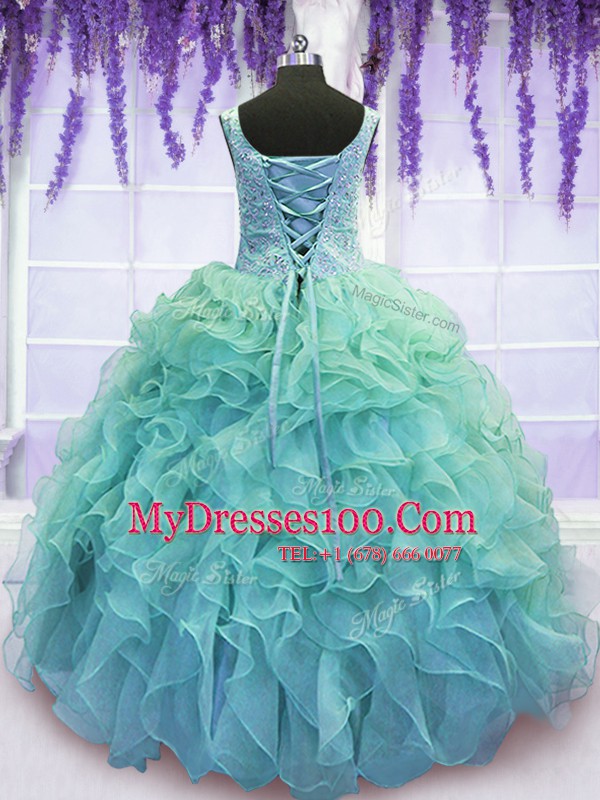 Sleeveless Organza Floor Length Lace Up Quinceanera Gown in Blue with Beading and Embroidery and Ruffles