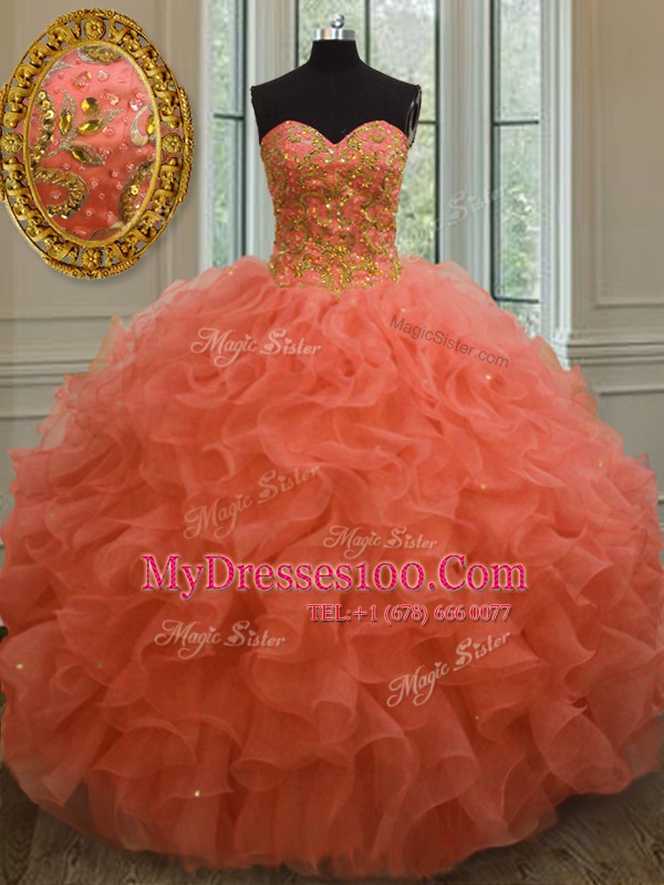 Orange Red Lace Up Quinceanera Gowns Beading and Ruffles Sleeveless Floor Length
