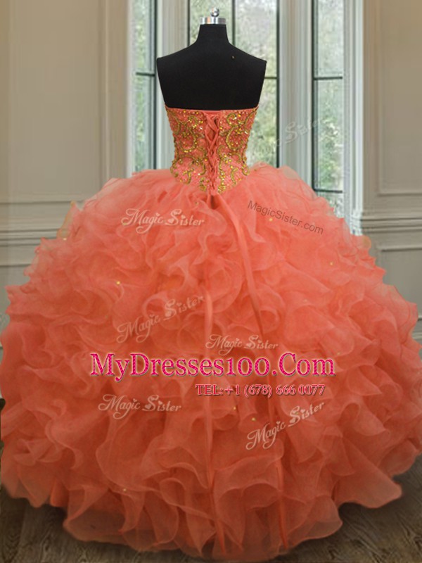 Orange Red Lace Up Quinceanera Gowns Beading and Ruffles Sleeveless Floor Length