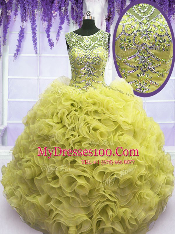 Fancy Scoop Floor Length Yellow Quinceanera Gowns Organza Sleeveless Beading and Ruffles