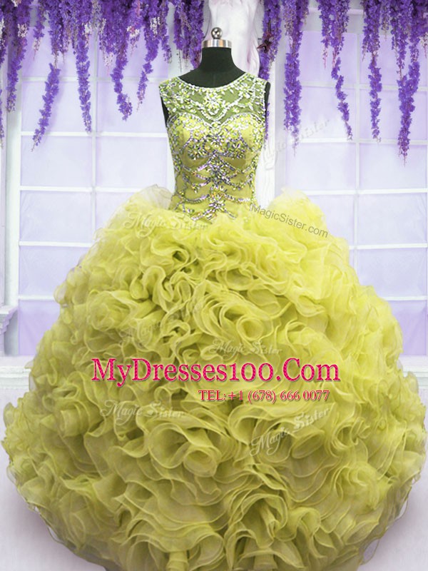 Fancy Scoop Floor Length Yellow Quinceanera Gowns Organza Sleeveless Beading and Ruffles