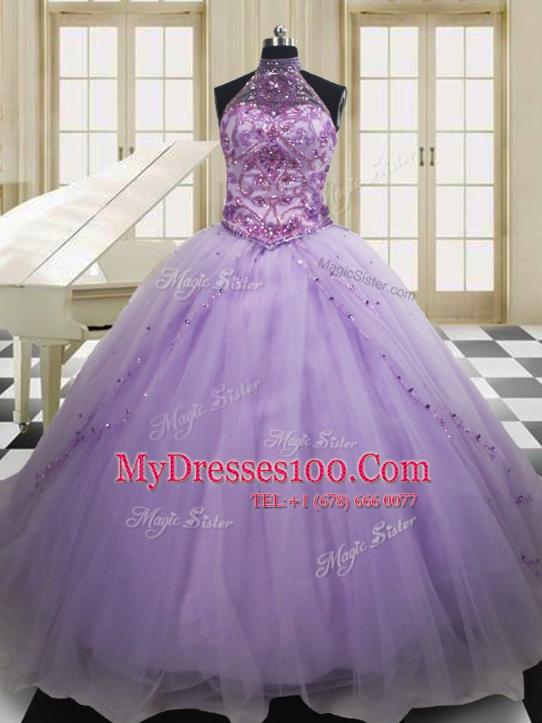 Lavender Ball Gowns Tulle Halter Top Sleeveless Beading and Embroidery Lace Up Vestidos de Quinceanera Sweep Train
