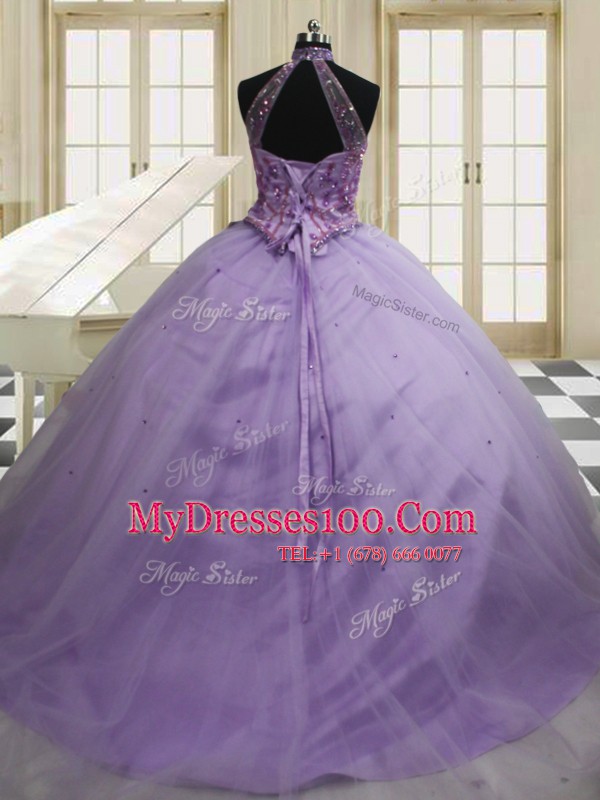 Lavender Ball Gowns Tulle Halter Top Sleeveless Beading and Embroidery Lace Up Vestidos de Quinceanera Sweep Train