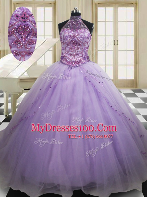 Lavender Ball Gowns Tulle Halter Top Sleeveless Beading and Embroidery Lace Up Vestidos de Quinceanera Sweep Train