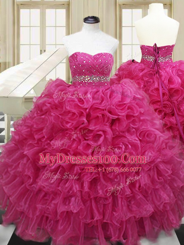Sweetheart Sleeveless Quinceanera Dress Floor Length Beading and Ruffles Hot Pink Organza