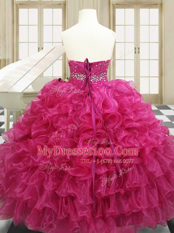 Sweetheart Sleeveless Quinceanera Dress Floor Length Beading and Ruffles Hot Pink Organza