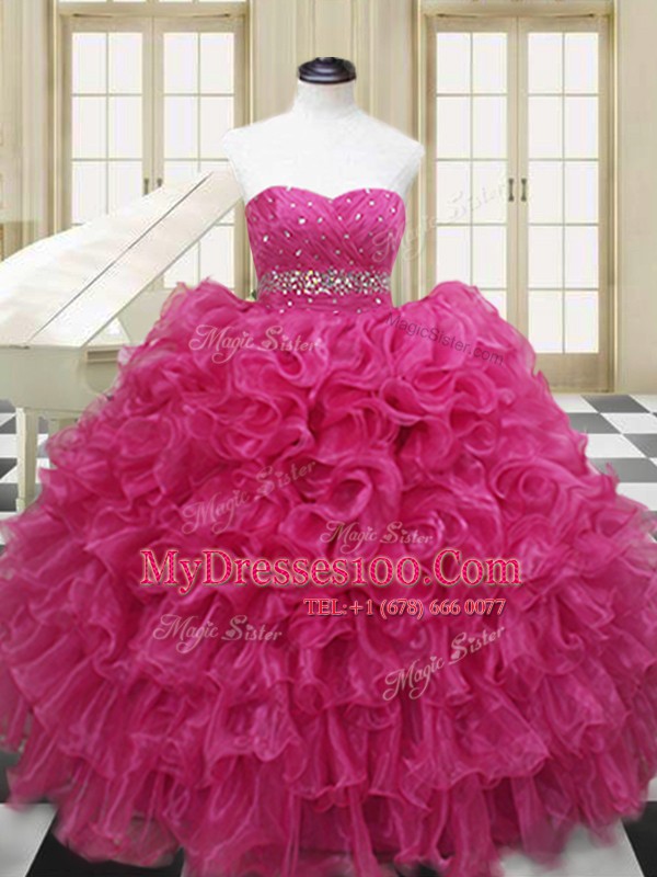 Sweetheart Sleeveless Quinceanera Dress Floor Length Beading and Ruffles Hot Pink Organza