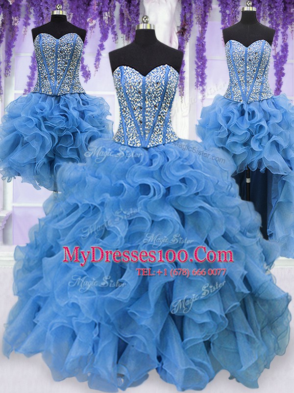 Four Piece Sequins Ball Gowns 15 Quinceanera Dress Blue Sweetheart Organza Sleeveless Floor Length Lace Up