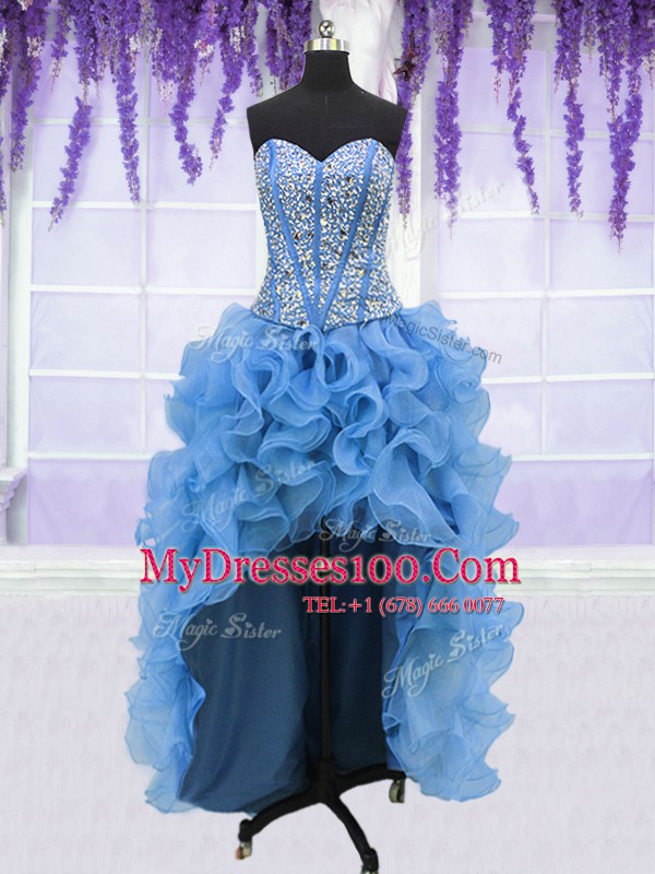 Four Piece Sequins Ball Gowns 15 Quinceanera Dress Blue Sweetheart Organza Sleeveless Floor Length Lace Up
