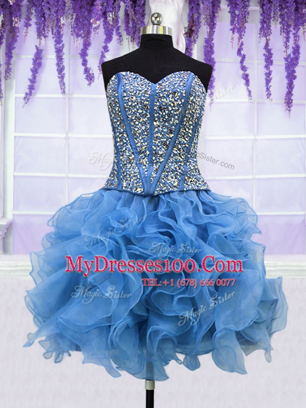 Four Piece Sequins Ball Gowns 15 Quinceanera Dress Blue Sweetheart Organza Sleeveless Floor Length Lace Up