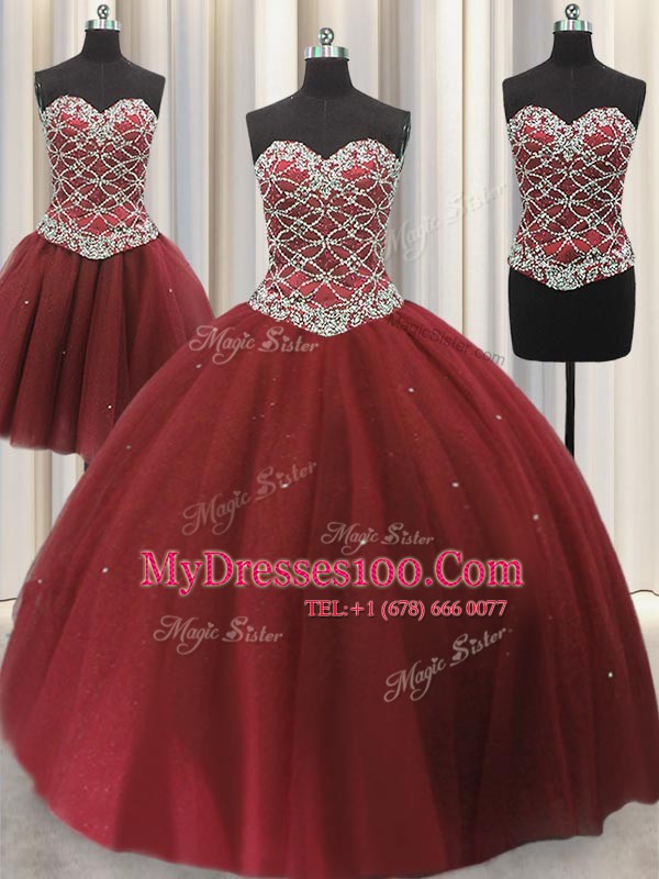Artistic Three Piece Sequins Floor Length Ball Gowns Sleeveless Burgundy Sweet 16 Dress Lace Up