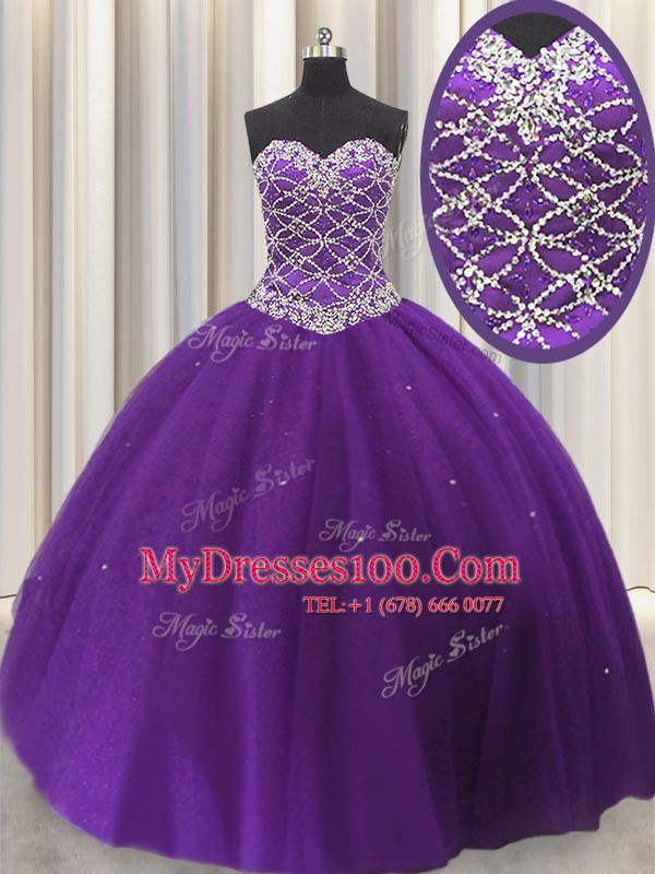Sequins Floor Length Eggplant Purple Ball Gown Prom Dress Sweetheart Sleeveless Lace Up