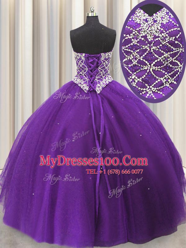 Sequins Floor Length Eggplant Purple Ball Gown Prom Dress Sweetheart Sleeveless Lace Up