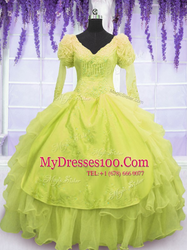 Yellow Green Sleeveless Floor Length Beading and Embroidery and Ruffles Lace Up 15th Birthday Dress
