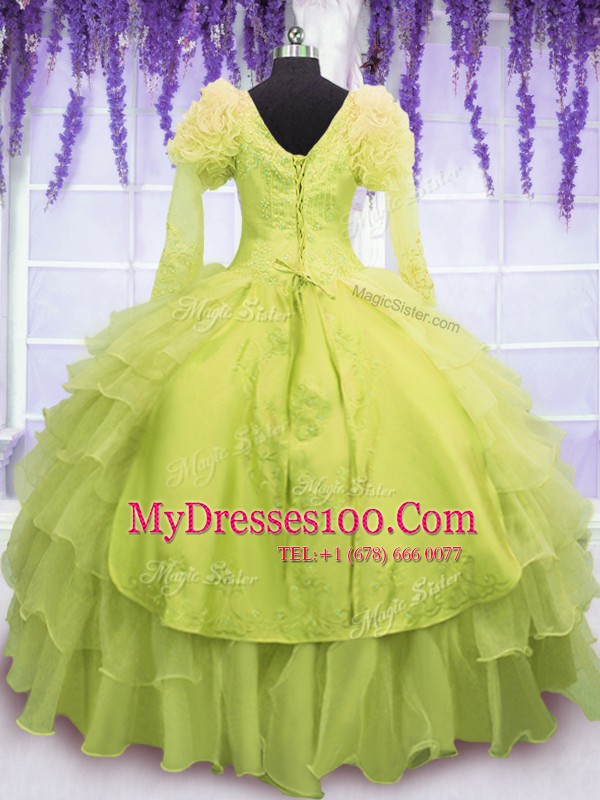 Yellow Green Sleeveless Floor Length Beading and Embroidery and Ruffles Lace Up 15th Birthday Dress