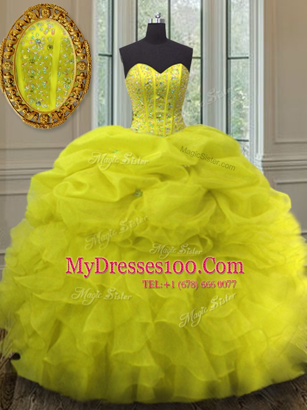 Gorgeous Organza Sweetheart Sleeveless Lace Up Beading and Ruffles and Pick Ups Sweet 16 Dresses in Yellow