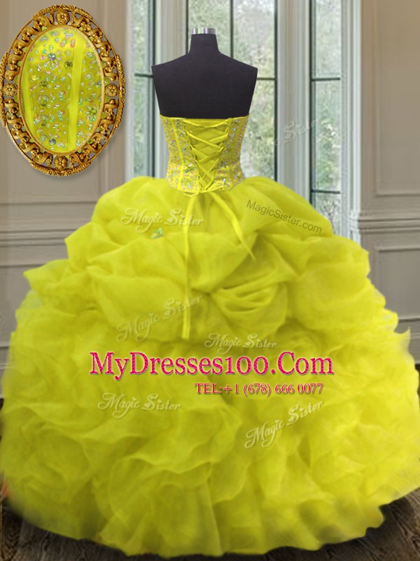 Gorgeous Organza Sweetheart Sleeveless Lace Up Beading and Ruffles and Pick Ups Sweet 16 Dresses in Yellow