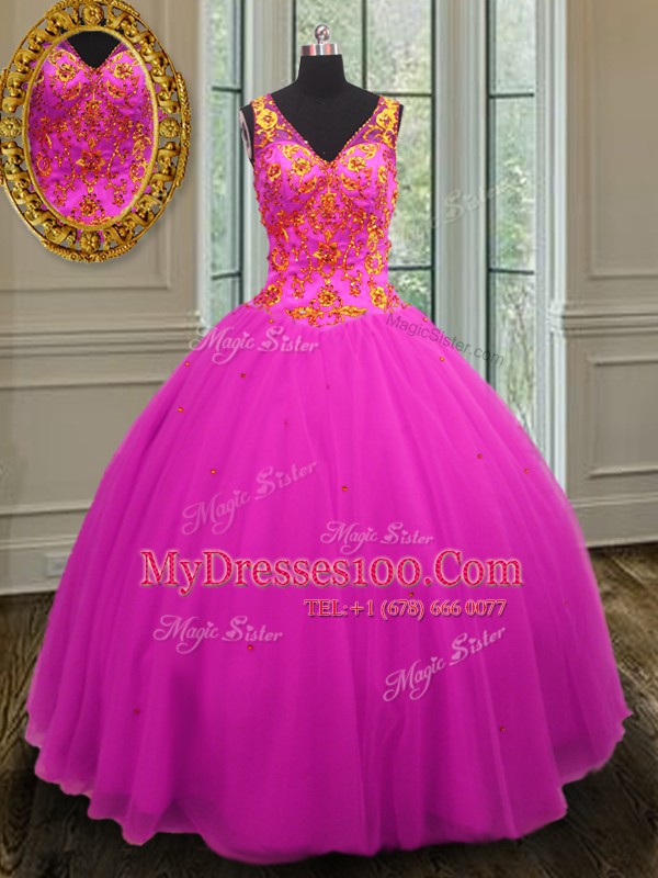 Fuchsia Sleeveless Tulle Zipper Vestidos de Quinceanera for Military Ball and Sweet 16