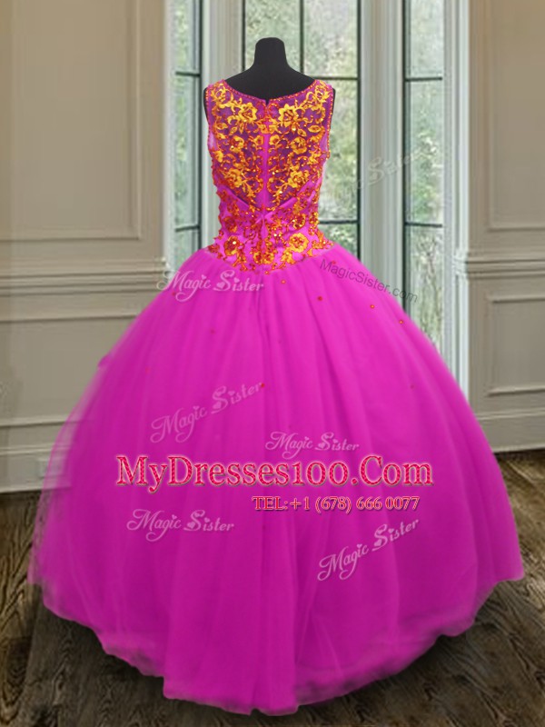 Fuchsia Sleeveless Tulle Zipper Vestidos de Quinceanera for Military Ball and Sweet 16