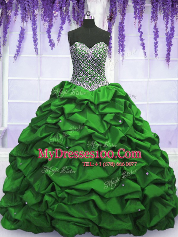 Romantic Taffeta Lace Up Strapless Sleeveless Floor Length 15 Quinceanera Dress Beading and Sequins and Pick Ups