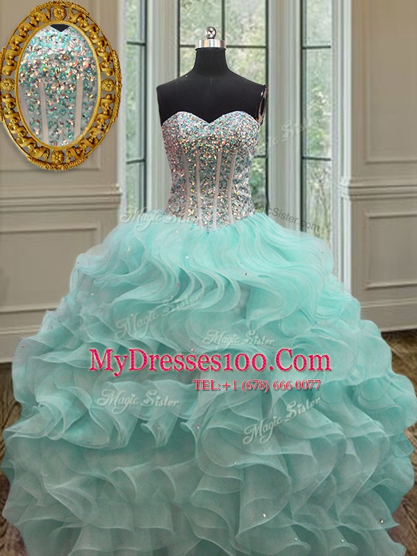 Smart Floor Length Lace Up Sweet 16 Dress Apple Green for Military Ball and Sweet 16 and Quinceanera with Beading and Ruffles