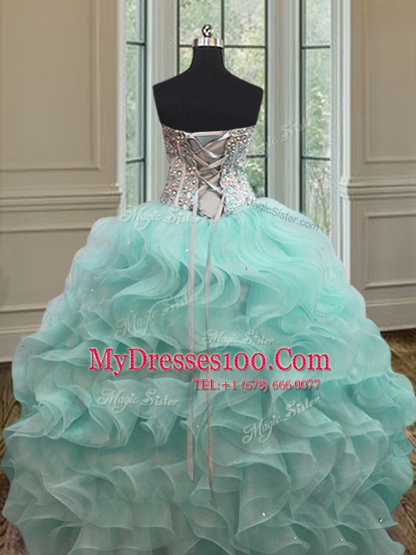 Smart Floor Length Lace Up Sweet 16 Dress Apple Green for Military Ball and Sweet 16 and Quinceanera with Beading and Ruffles