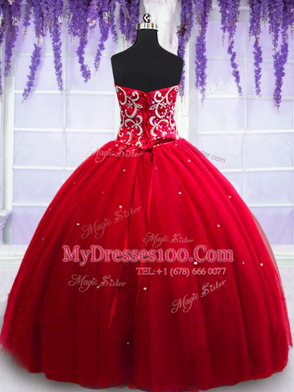 Perfect Sleeveless Floor Length Beading Lace Up Quinceanera Dress with Red