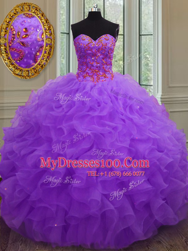 Fantastic Purple Organza Lace Up Sweetheart Sleeveless Floor Length 15th Birthday Dress Beading and Ruffles