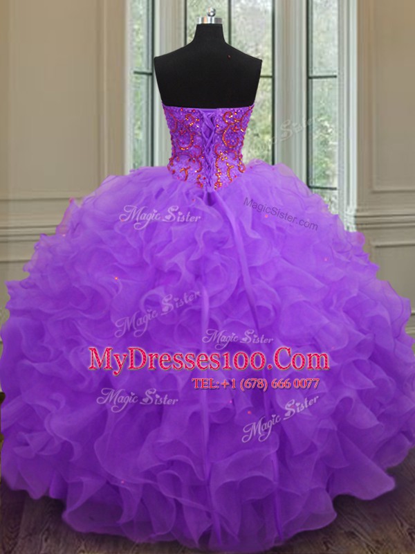 Fantastic Purple Organza Lace Up Sweetheart Sleeveless Floor Length 15th Birthday Dress Beading and Ruffles