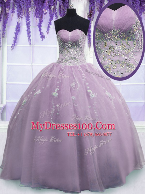 Classical Floor Length Lilac 15th Birthday Dress Organza Sleeveless Beading
