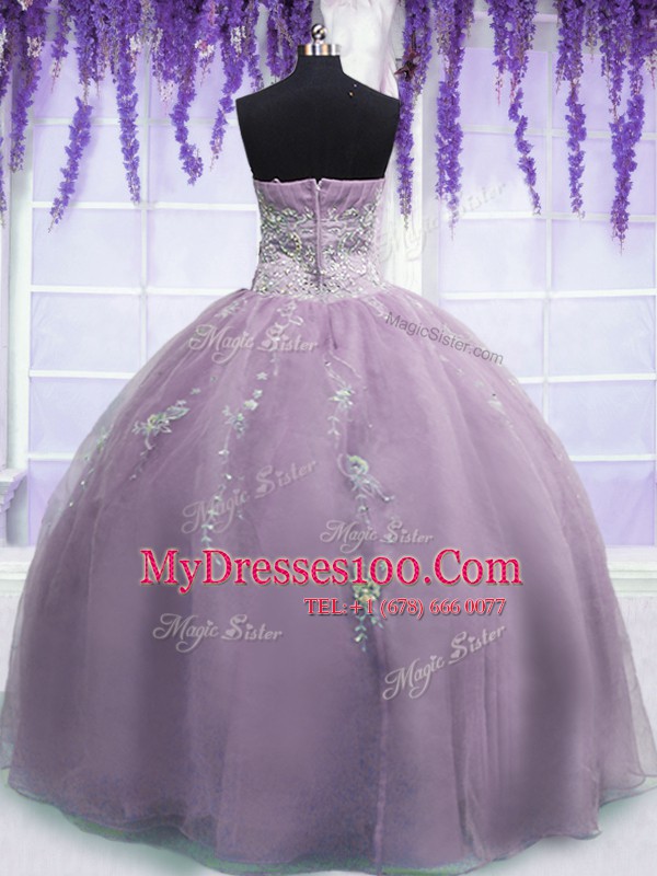 Classical Floor Length Lilac 15th Birthday Dress Organza Sleeveless Beading