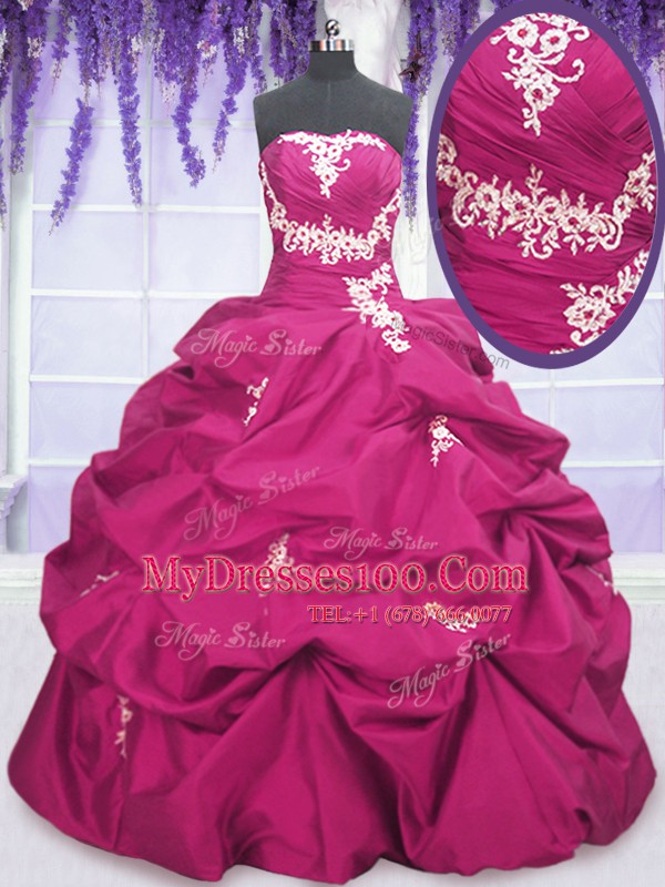 Attractive Fuchsia Taffeta Lace Up Strapless Sleeveless Floor Length Quinceanera Gowns Appliques and Ruching and Pick Ups