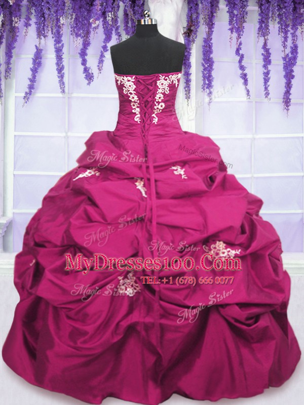 Attractive Fuchsia Taffeta Lace Up Strapless Sleeveless Floor Length Quinceanera Gowns Appliques and Ruching and Pick Ups