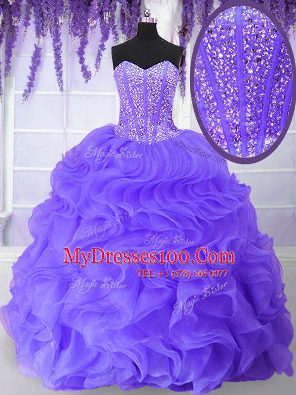 Fantastic Lavender Ball Gowns Sweetheart Sleeveless Organza Floor Length Lace Up Beading and Ruffles 15 Quinceanera Dress