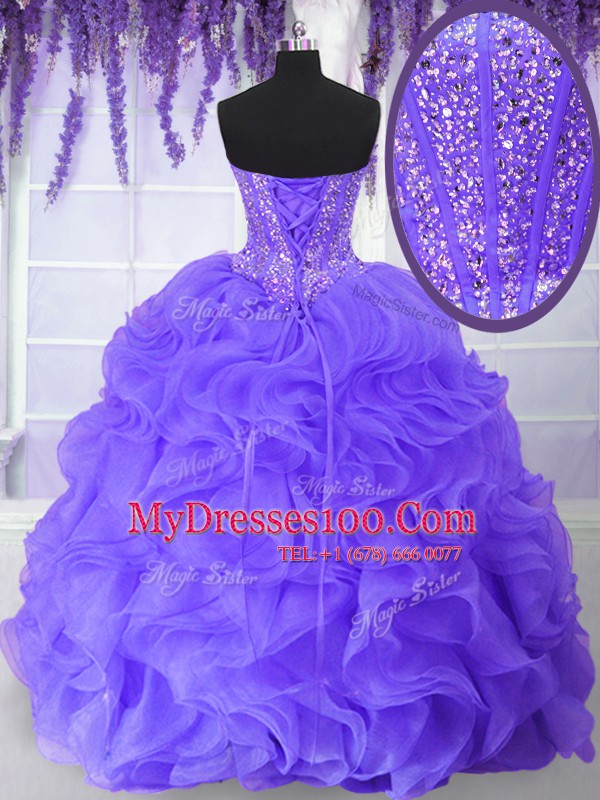Fantastic Lavender Ball Gowns Sweetheart Sleeveless Organza Floor Length Lace Up Beading and Ruffles 15 Quinceanera Dress