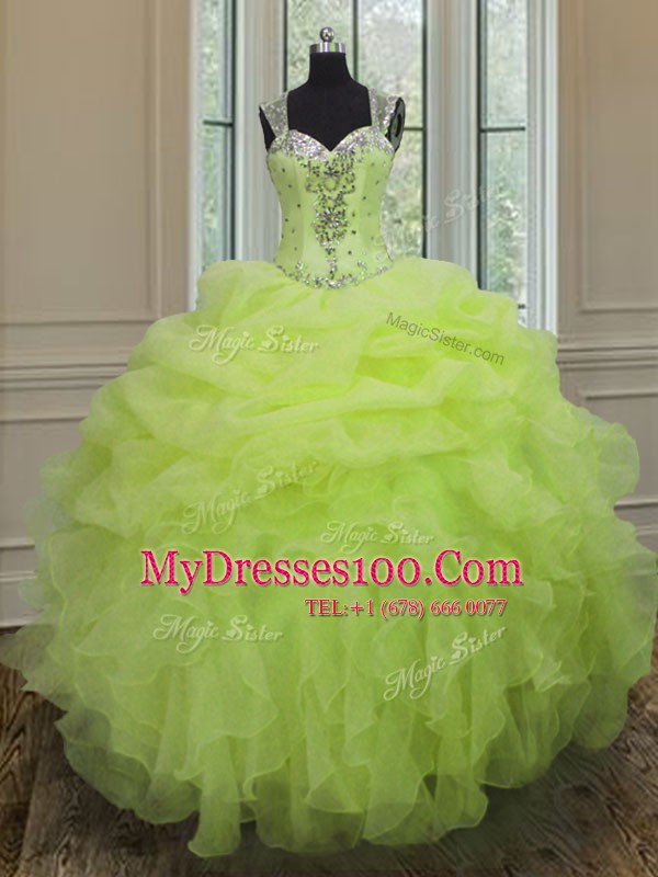 Suitable Straps Sleeveless Zipper Floor Length Beading and Ruffles 15 Quinceanera Dress
