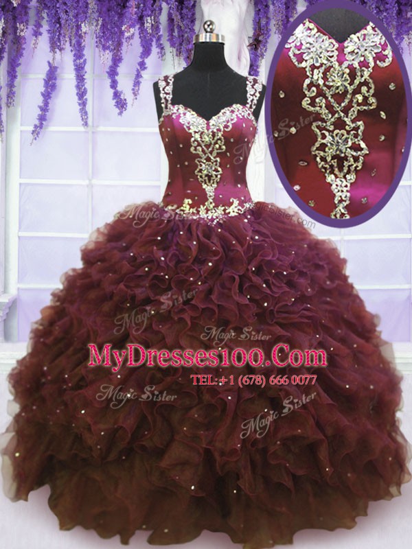 Attractive Straps Tulle Sleeveless Floor Length Quinceanera Gowns and Beading and Ruffles
