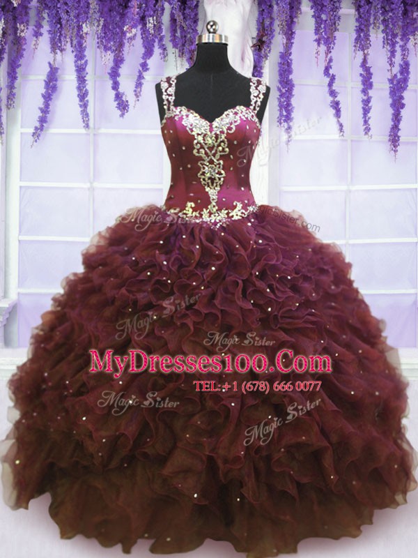 Attractive Straps Tulle Sleeveless Floor Length Quinceanera Gowns and Beading and Ruffles