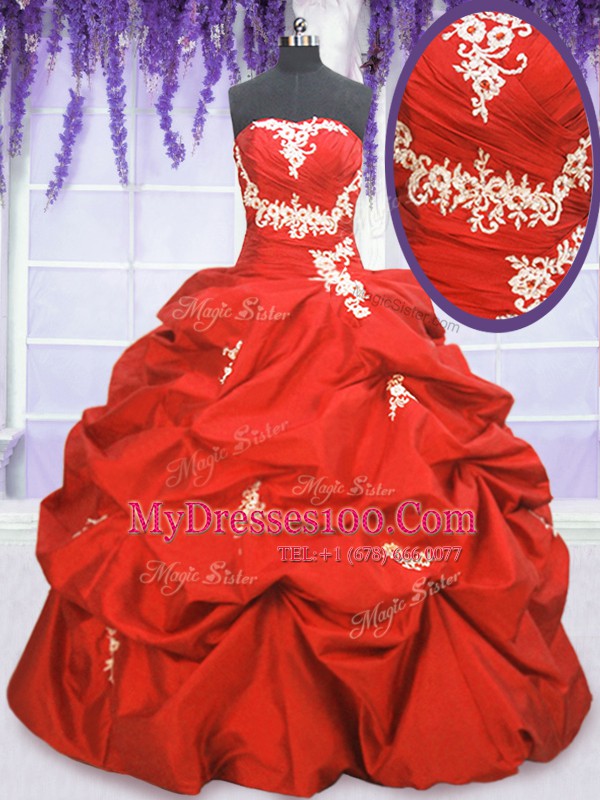 Pick Ups Floor Length Coral Red Vestidos de Quinceanera Strapless Sleeveless Lace Up