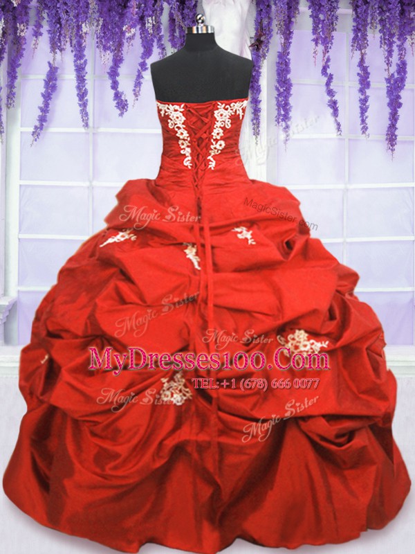 Pick Ups Floor Length Coral Red Vestidos de Quinceanera Strapless Sleeveless Lace Up