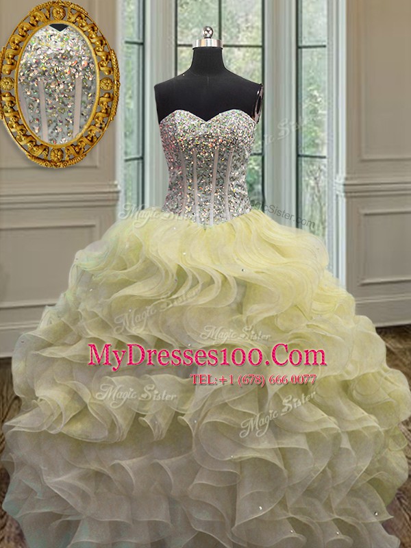 Stunning Floor Length Light Yellow Vestidos de Quinceanera Organza Sleeveless Beading and Ruffles
