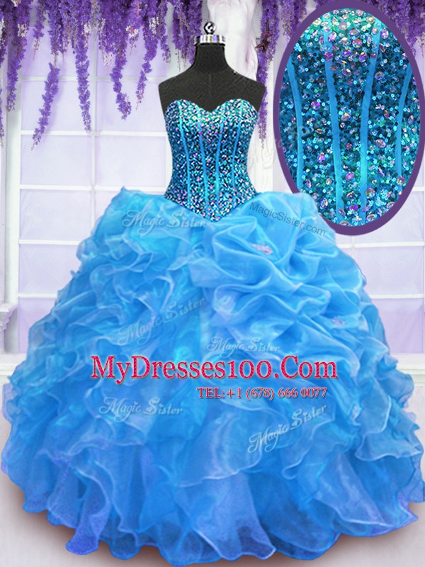Top Selling Floor Length Blue Sweet 16 Dress Organza Sleeveless Beading and Ruffles