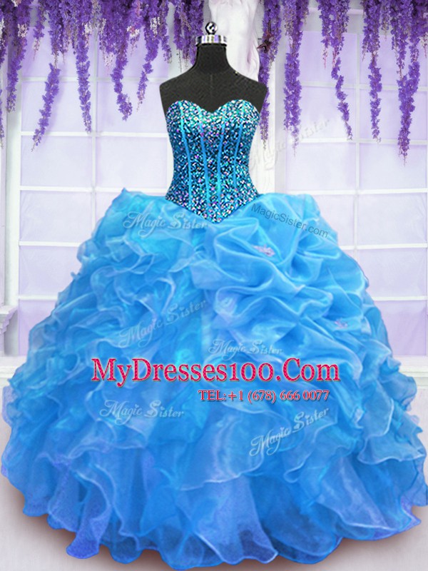 Top Selling Floor Length Blue Sweet 16 Dress Organza Sleeveless Beading and Ruffles