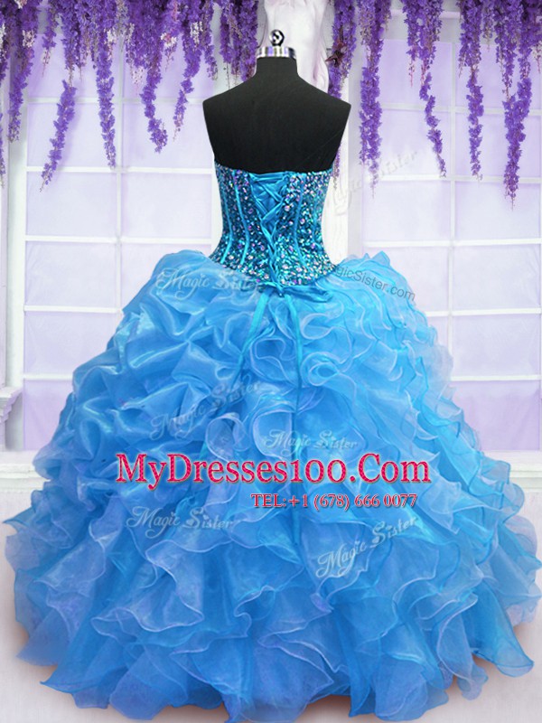 Top Selling Floor Length Blue Sweet 16 Dress Organza Sleeveless Beading and Ruffles