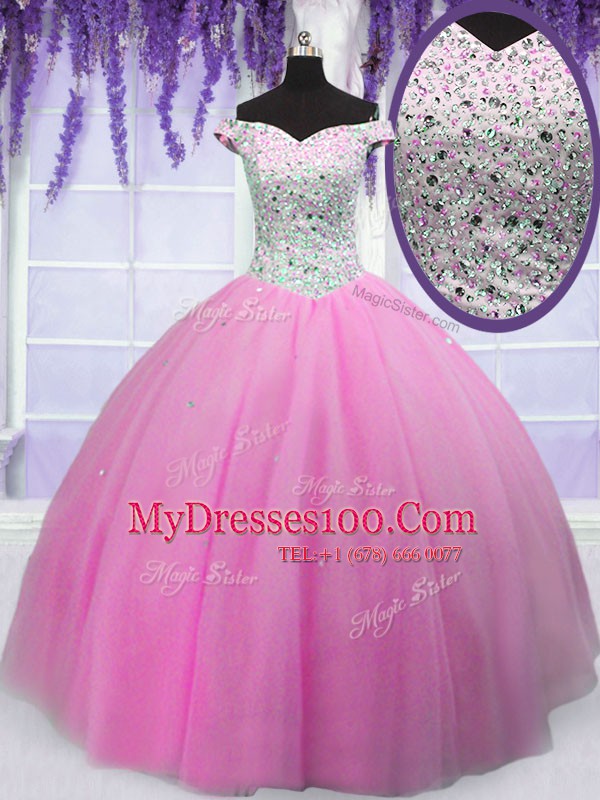 Smart Tulle Off The Shoulder Short Sleeves Lace Up Beading Sweet 16 Dresses in Hot Pink