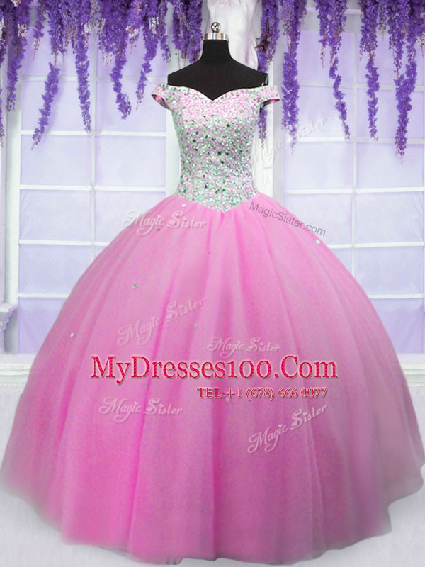 Smart Tulle Off The Shoulder Short Sleeves Lace Up Beading Sweet 16 Dresses in Hot Pink