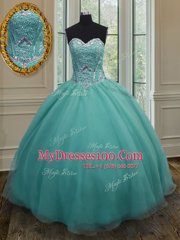 Charming Turquoise Organza Lace Up Sweetheart Sleeveless Floor Length Quinceanera Gown Beading