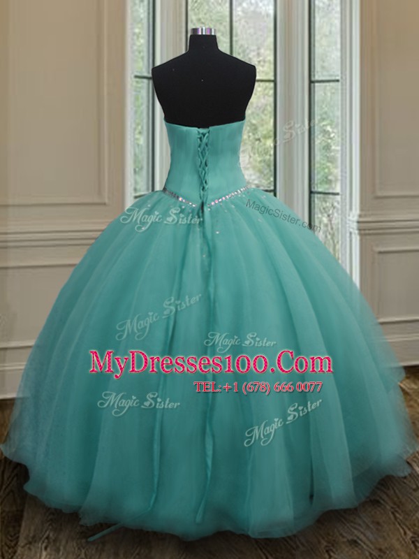 Charming Turquoise Organza Lace Up Sweetheart Sleeveless Floor Length Quinceanera Gown Beading